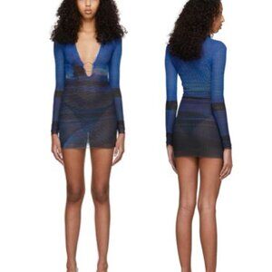 Louisa Ballou Mini Dress Semi-Sheer Blue Mesh Printed Deep V-Neck Ring Accent